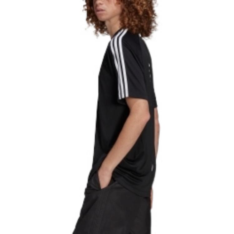 Men's adidas Stripe Logo Embroidered V Neck Pullover Short Sleeve Black T-Shirt HC7168