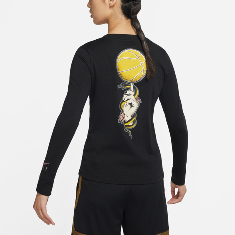 (WMNS) Nike Basketball Printing Sports Knit Round Neck Long Sleeves Black T-Shirt DN3055-010