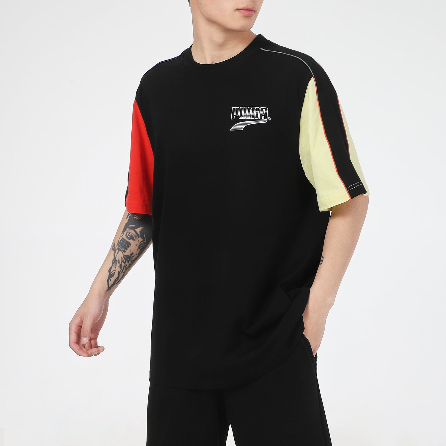 PUMA Decor8 Colorblock Logo Printing Sports Short Sleeve Black 532705-01