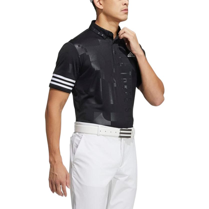 Men's adidas Stripe Embossing Printing Logo Short Sleeve Button Black Polo Shirt HA3116