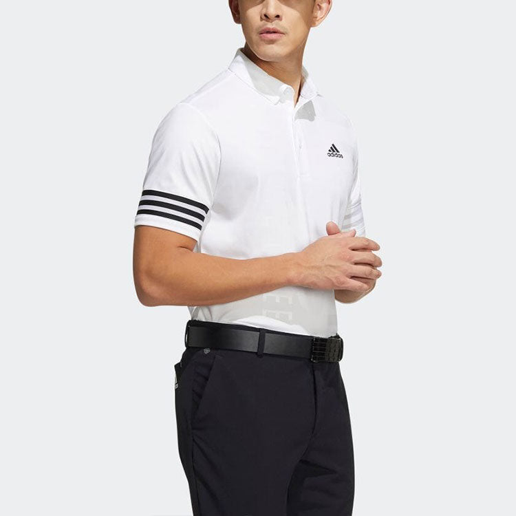 Men's adidas Logo Printing Stripe Button Short Sleeve Polo Shirt White HA3115
