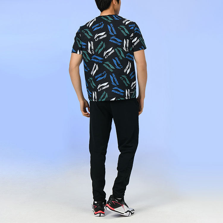 Li-Ning Badminton Series Full Print Logo Quick Dry Round Neck Short Sleeve Black AHSR867-2