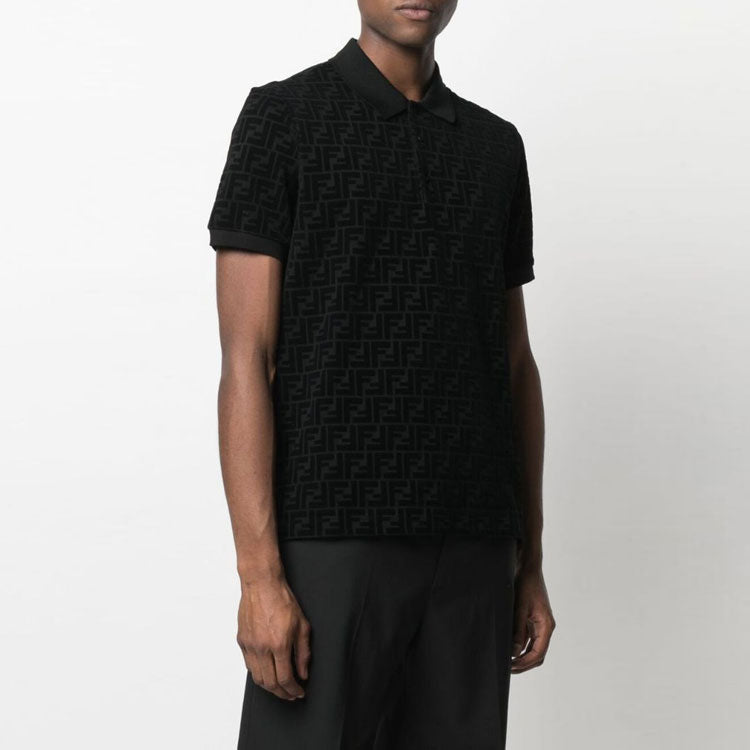 Men's FENDI FF Alphabet Dark Pattern Printing Short Sleeve Black Polo Shirt FY0985A7D5F0ABB
