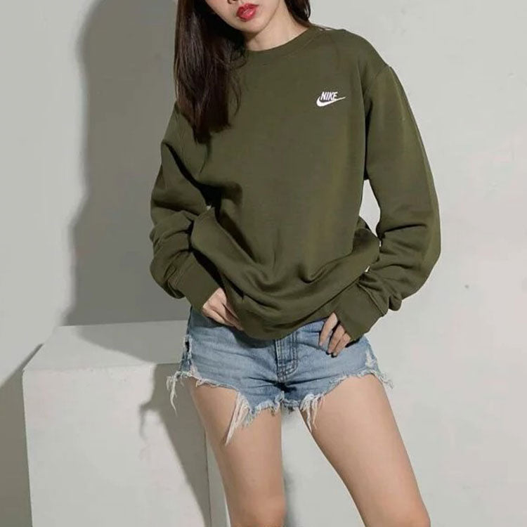 Men's Nike Solid Color Logo Embroidered Sports Round Neck Pullover Long Sleeves Green BV2663-327