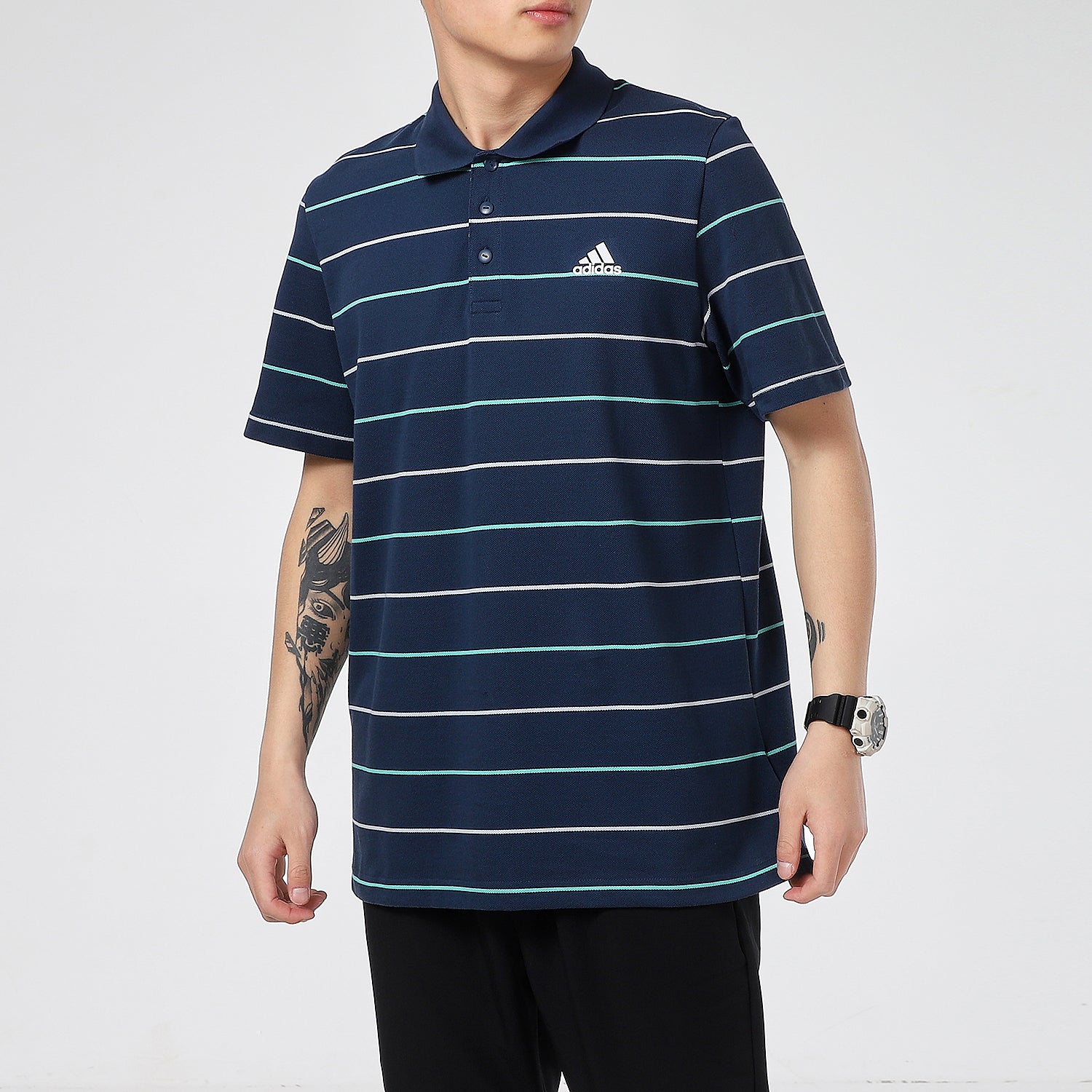 adidas Striped Logo Print Sports Short Sleeve Polo Shirt Navy GP1001