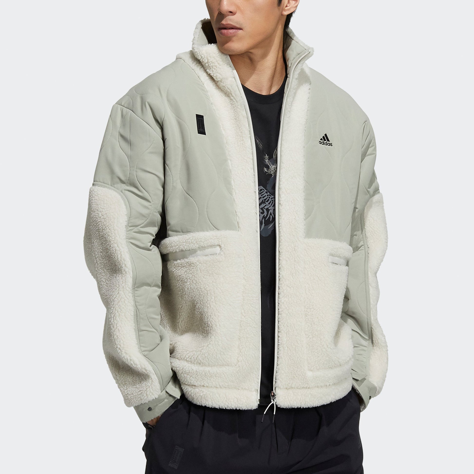 Men's adidas Wj Mixboa Jkt Martial Arts Series Lamb's Wool Splicing Stand Collar Sports Logo Jacket Creamy White H40244