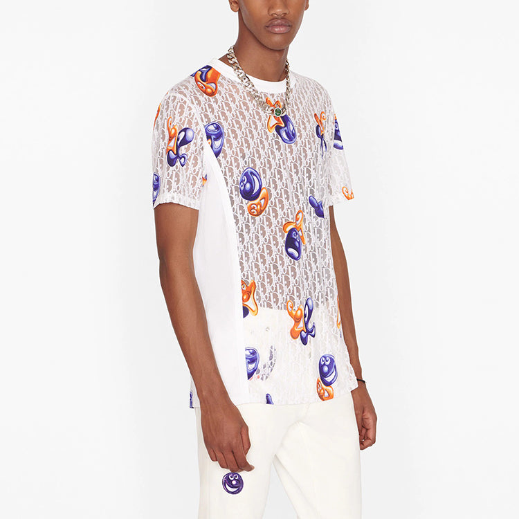 Men's DIOR x KENNY SCHARF Crossover FW21 Logo Printing Loose Round Neck Short Sleeve White 193J653A0702-C084