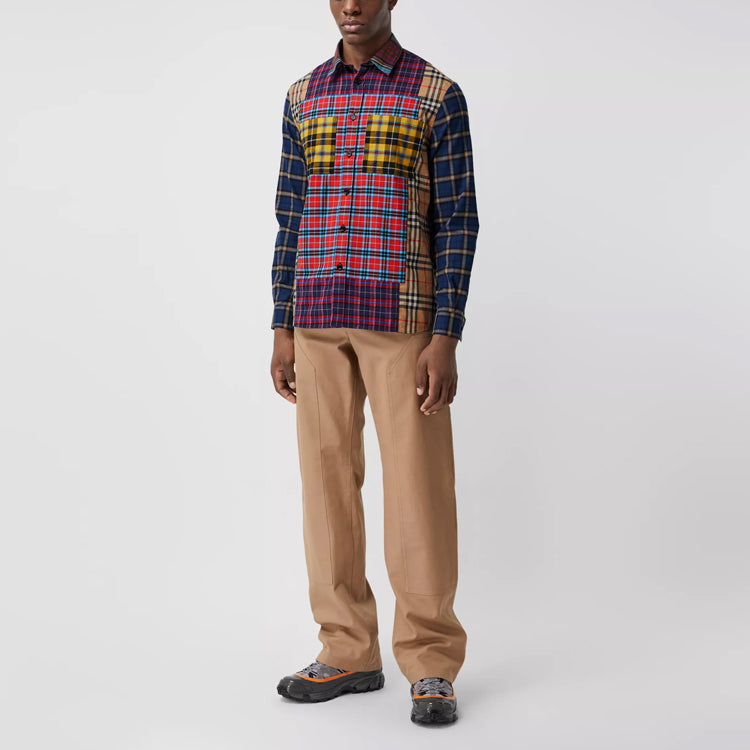 Men's Burberry Colorblock Plaid Loose Shirt Navy Blue 80343781