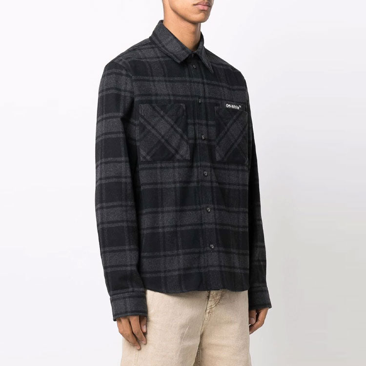 Men's Off-White Logo Plaid Flannel Long Sleeves Loose Fit Gray Shirt OMGA133C99FAB0010701