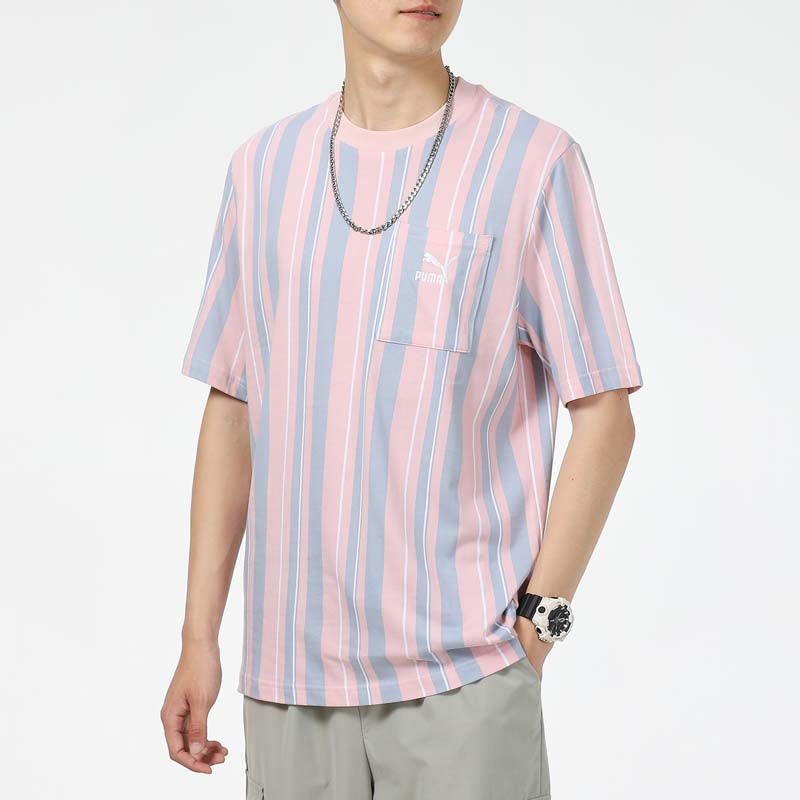 PUMA Stripe Round Neck Casual Sports Short Sleeve Pink Red 533203-61