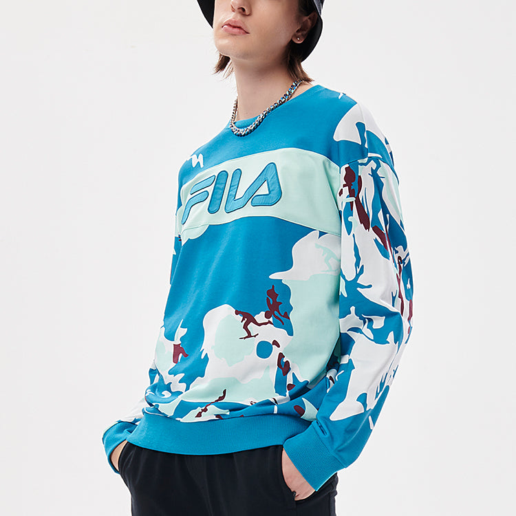 Men's FILA FUSION Logo Contrast Color Stitching Camouflage Loose Sports Round Neck Pullover Blue Sole T11M133201F-BU