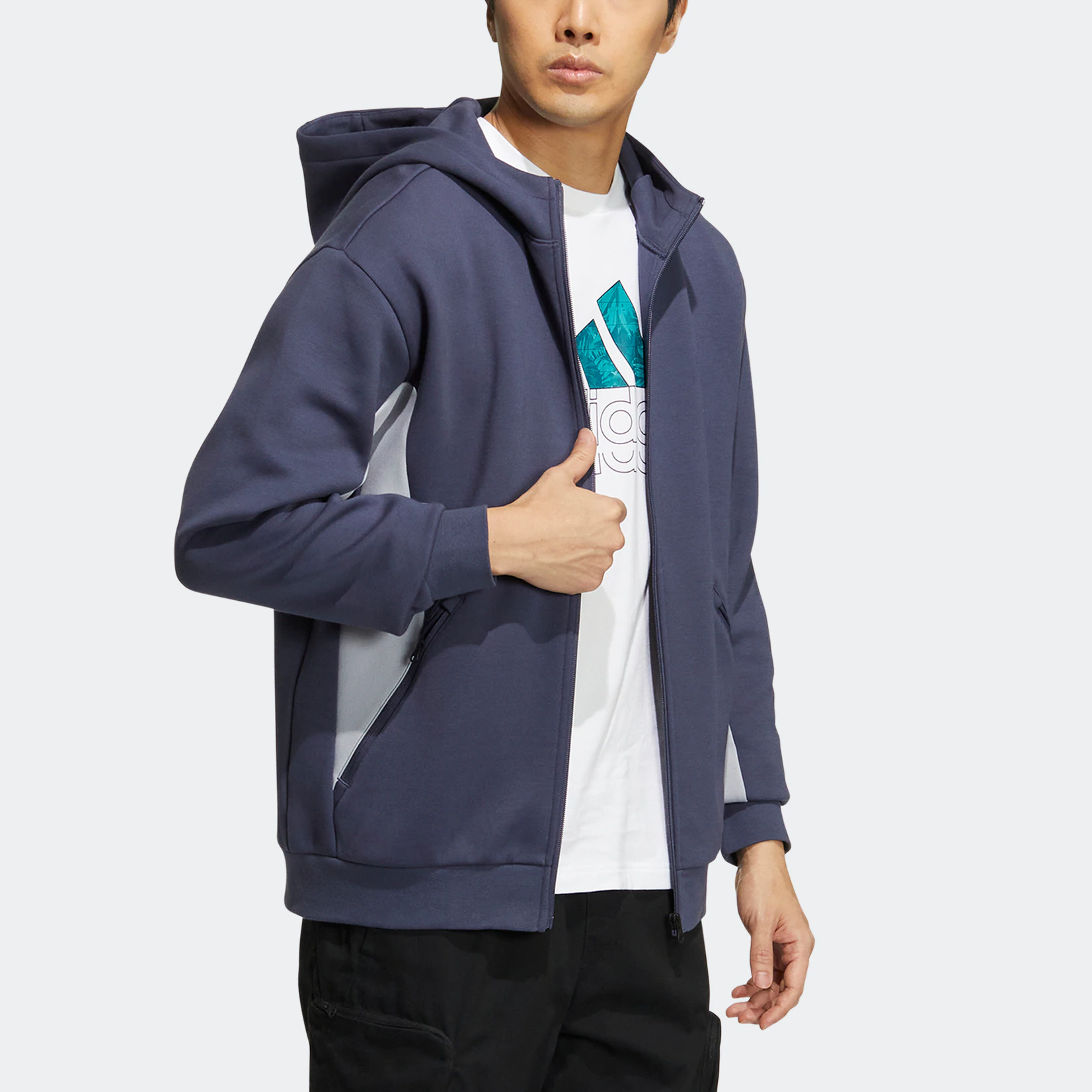 Men's adidas St Blok Knjkt Chest Brand Logo Embroidered Hooded Track Jacket Blue HM5145