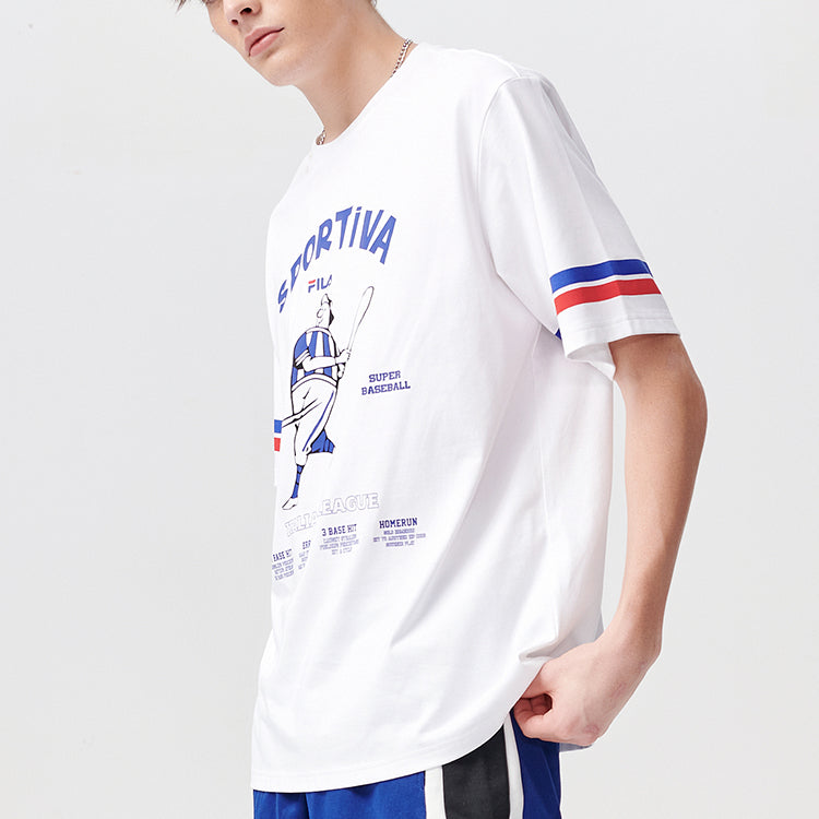 Men's FILA FUSION Baseball Printing Sports Loose Round Neck Short Sleeve White T-Shirt T11M122110A-WT