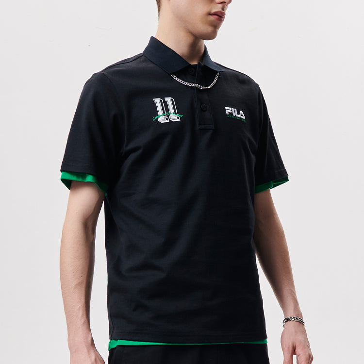 Men's FILA FUSION Baseball Sports Printing Short Sleeve Dark Black Polo Shirt T11M132102F-BK