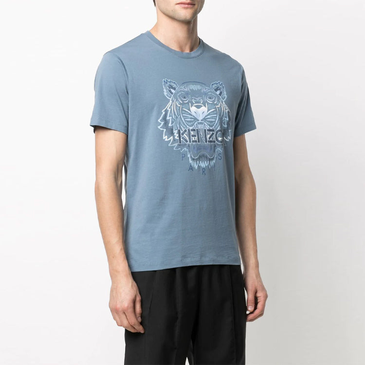 Men's KENZO SS21 Alphabet Tiger Head Printing Pattern Round Neck Short Sleeve Blue FB55TS0264YG-67