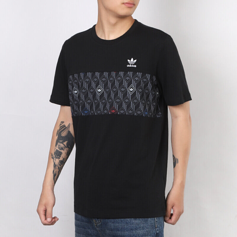 adidas originals Mono Tee 2t Patchwork Print Logo Sports Round Neck Short Sleeve Black GD5846