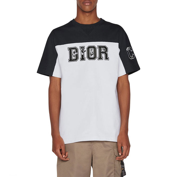 Men's DIOR Logo Colorblock Round Neck Short Sleeve White T-Shirt 193J646A0554-580