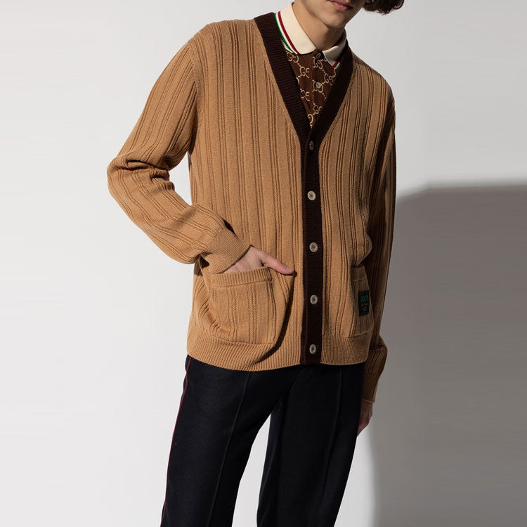 Gucci Rib Knit Wool Cardigan With Gucci Label 'Camel' 646809-XKBQT-2668