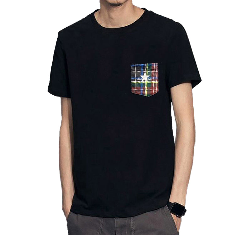 Men's Converse Contrasting Colors Plaid Pocket Casual Round Neck Short Sleeve Black 10020885-001