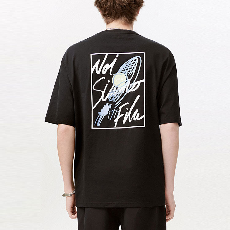 Men's FILA FUSION Alphabet Printing Loose Round Neck Knit Short Sleeve Black T11M121107F-BK
