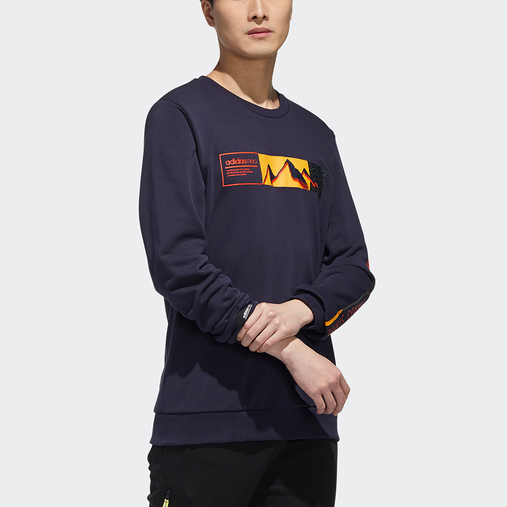 Men's adidas neo Ss Cs Swt Mountains Pattern Alphabet Printing Round Neck Sports Navy Blue GM2284