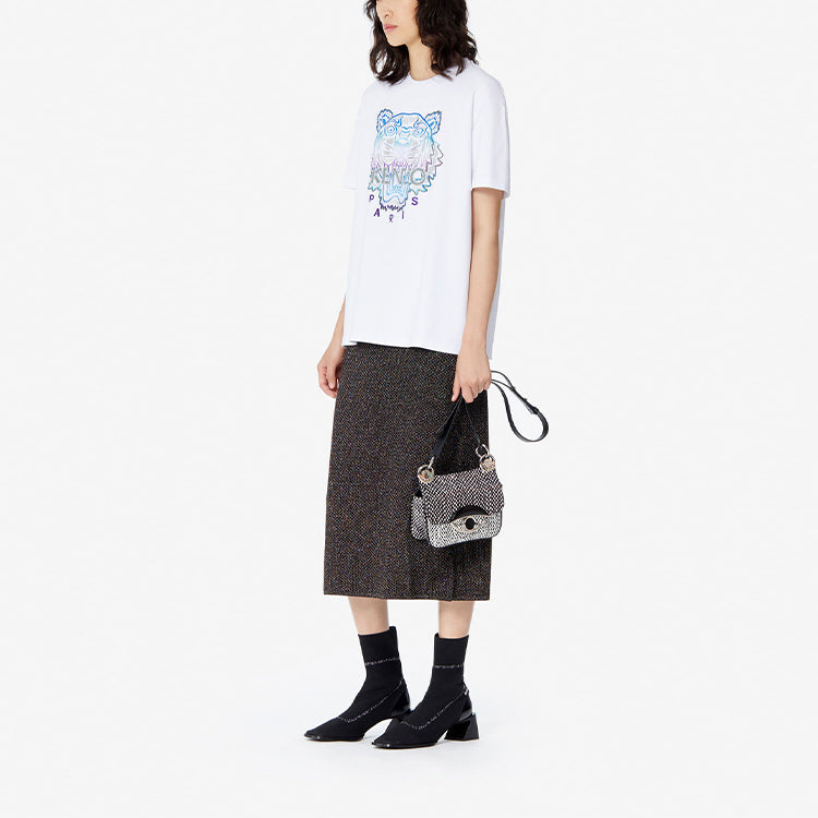 KENZO Multi-Color Embroidered Tiger Head Round Neck Short Sleeve White F962TS9534Y8-01