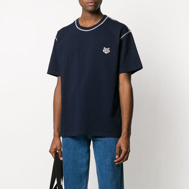 Men's KENZO Tiger Head Embroidered Pattern Round Neck Short Sleeve Navy Blue FA5-5TS081-4BD-77B