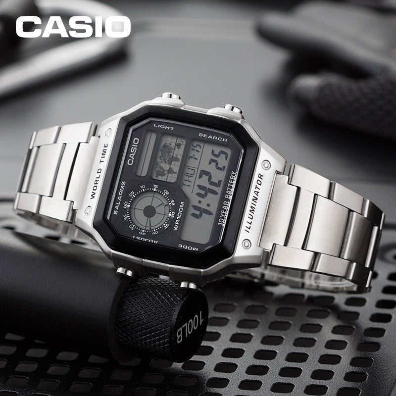 CASIO Youth Series Standard Stainless Steel Sliver Quartz Waterproof Mens Silver Digital AE-1200WHD-1AV
