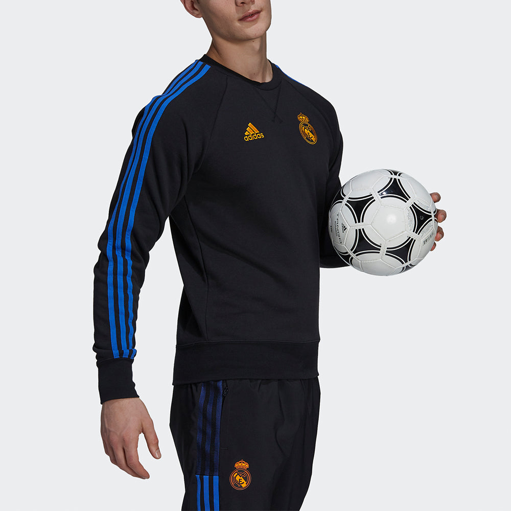 Men's adidas Real Swt Top Woven Real Madrid Team Logo Soccer/Football Round Neck Sports Black GU9706