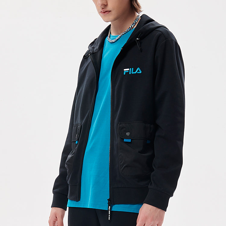 Men's FILA FUSION Big Pocket Splicing Logo Hooded Knit Jacket Dark Black T11M133501F-BK