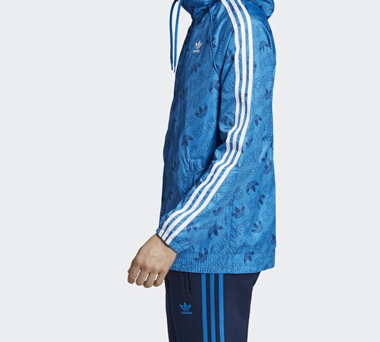 adidas originals Mono Windbreak Full Print Logo hooded Jacket Blue ED7046