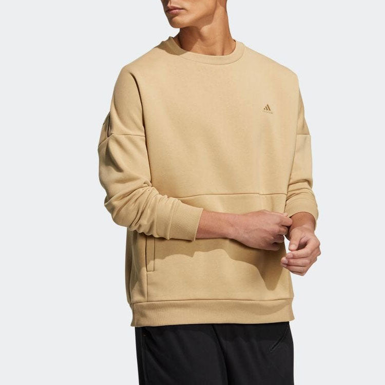 adidas Solid Color Logo Embroidered Casual Round Neck Pullover Unisex Khaki HM2687