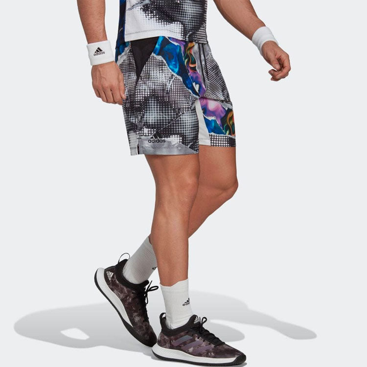 Men's adidas Pattern Full Print Casual Tennis Sports Shorts Gray HG6420
