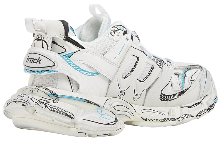 (WMNS) Balenciaga Track 1.0 Sneakers ' White Blue Mesh and Nylon Graffiti' 542436W3SRA9014