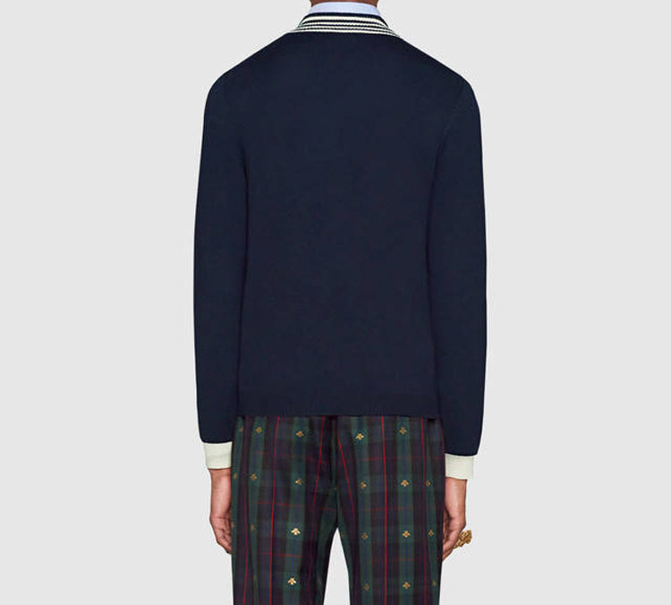 Gucci Men's Bee Pattern V-Neck Wool Sweater Blue 496442-X9I00-4650