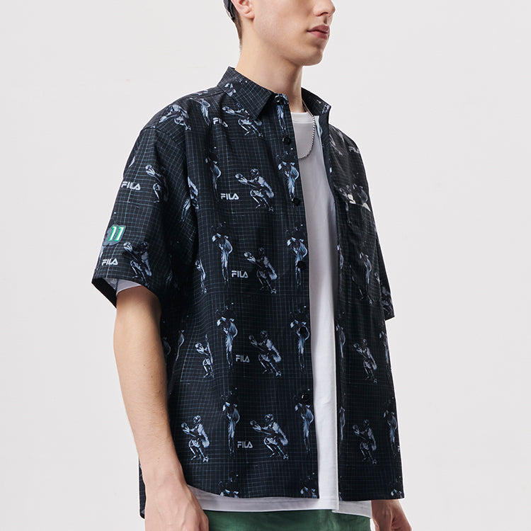 Men's FILA FUSION Pattern Full Print Loose Sports Short Sleeve Vitality Sports Black Shirt T11M132401A-BK