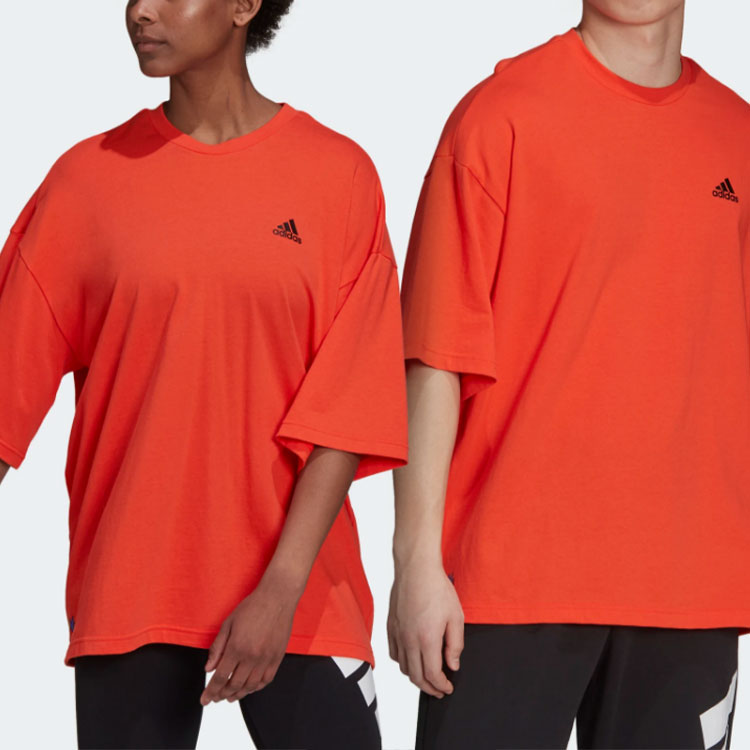 adidas Solid Color Logo Athleisure Casual Sports Round Neck Short Sleeve Couple Style Fluorescence Red H61131