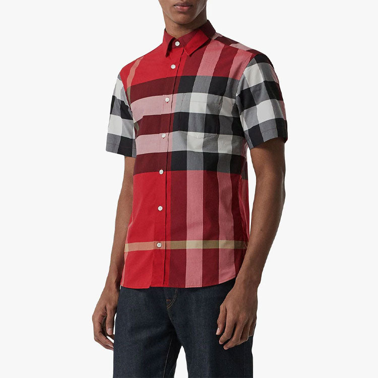 Men's Burberry Plaid Casual Short Sleeve Shirt Red 80071791
