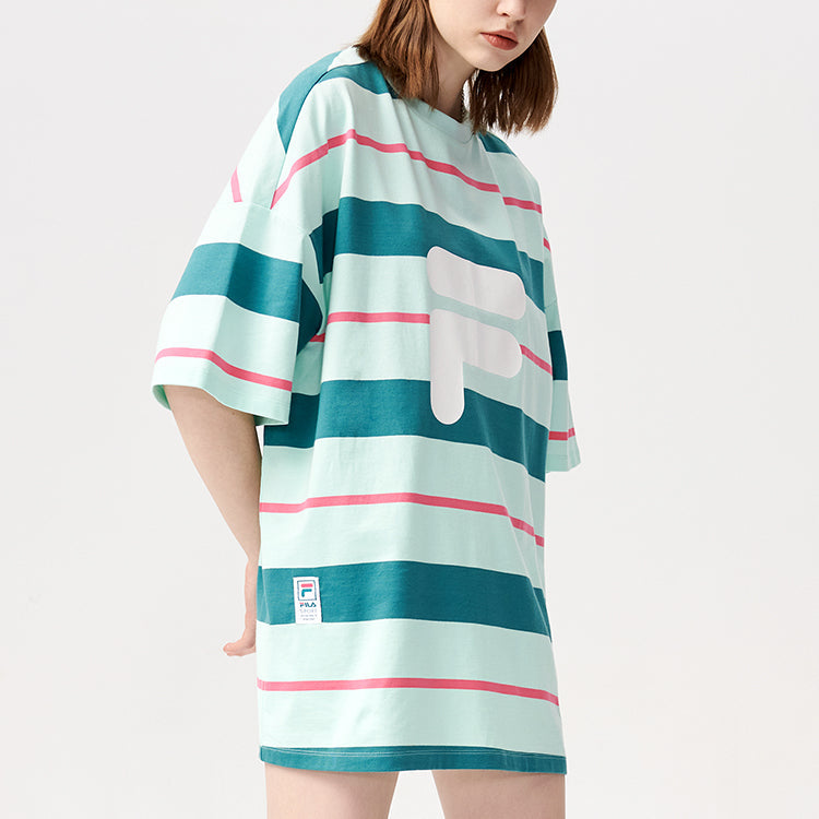 FILA FUSION Contrasting Colors Stripe Loose Sports Short Sleeve Pink Green T11W122114F-TQ