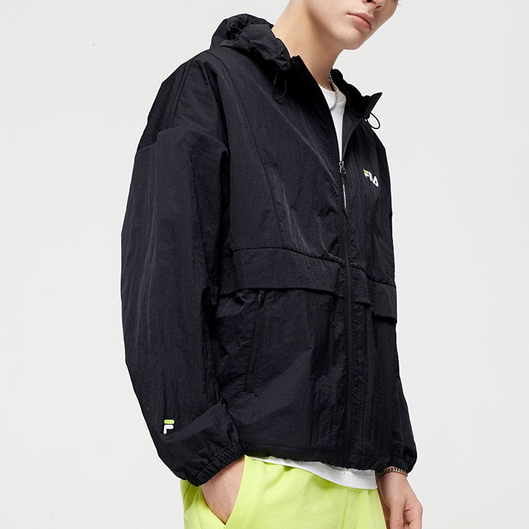 Men's FILA FUSION Thin and light Woven Loose Hooded Jacket Black T11M125704F-BK
