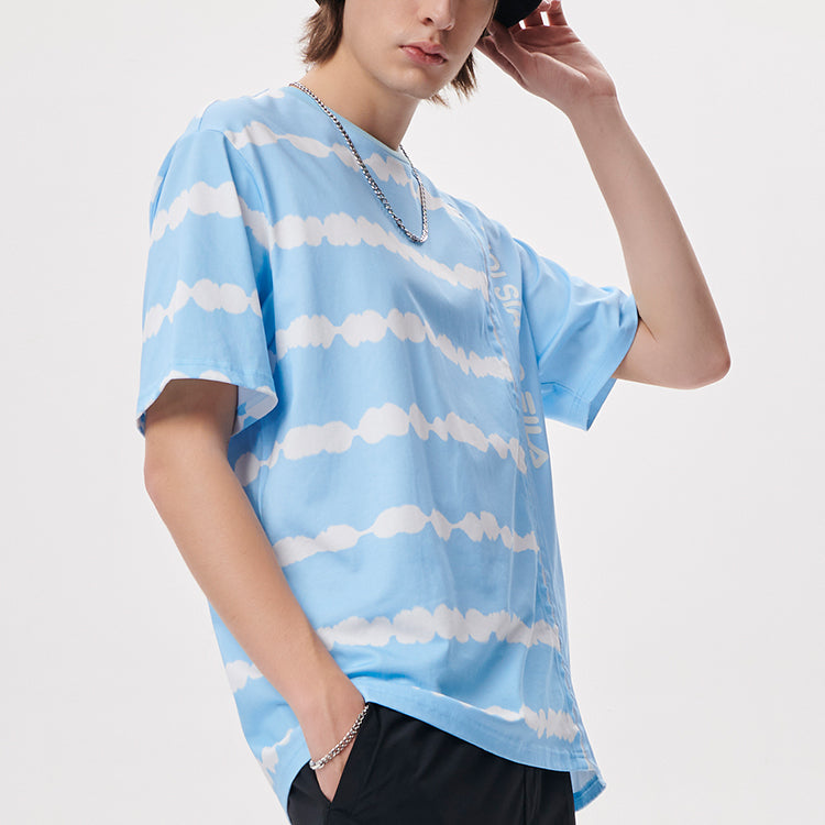 Men's FILA FUSION Tie Dye Printing Irregular Splicing Loose Knit Short Sleeve Blue White T-Shirt T11M131105F-LB