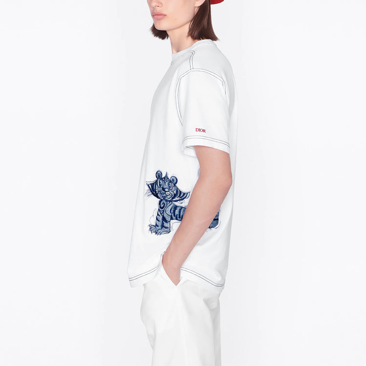 Men's DIOR x Kenny Scharf Crossover SS22 Tiger Embroidered Short Sleeve White 213J646A0677-C085