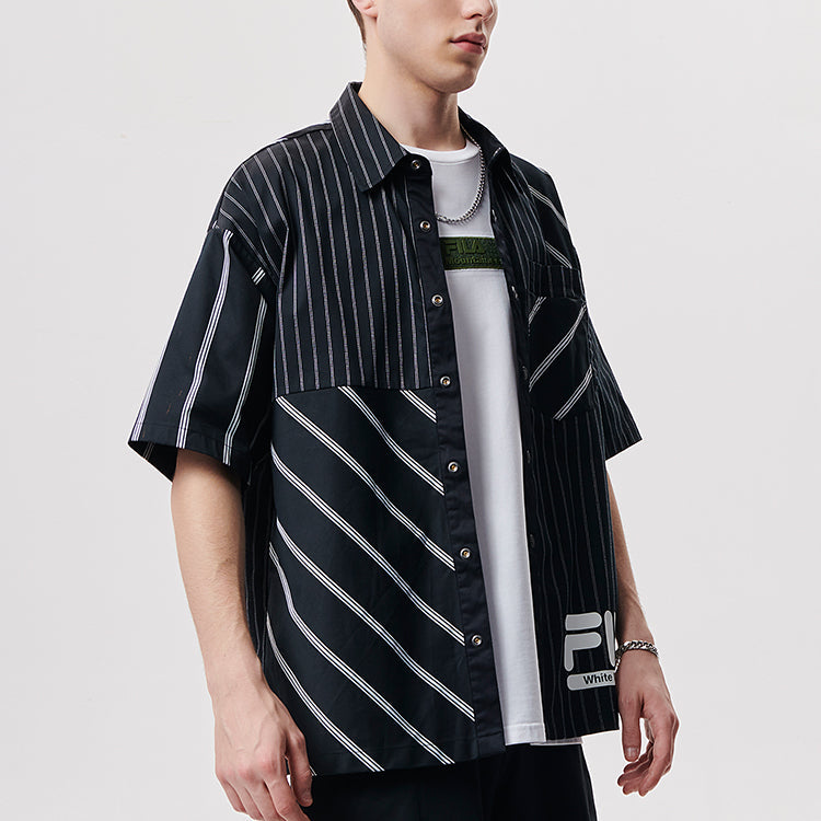 Men's FILA FUSION x White Mountaineering Crossover Stripe Splicing Short Sleeve Sports Black Shirt T11M137401F-BK