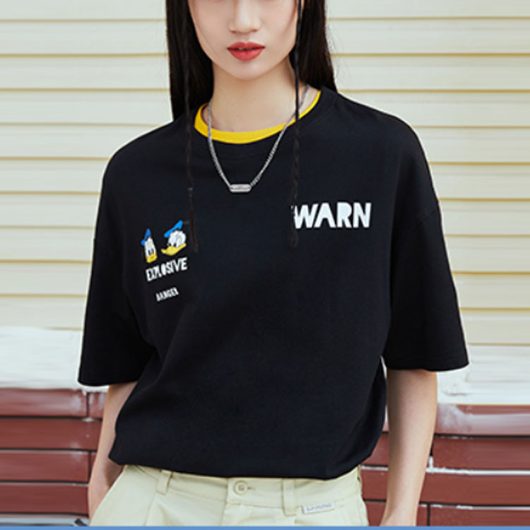 (WMNS) Li-Ning x Disney Crossover Sports Fashion Series Subject Printing Loose Sports Round Neck Short Sleeve 'Black' AHSR342-2