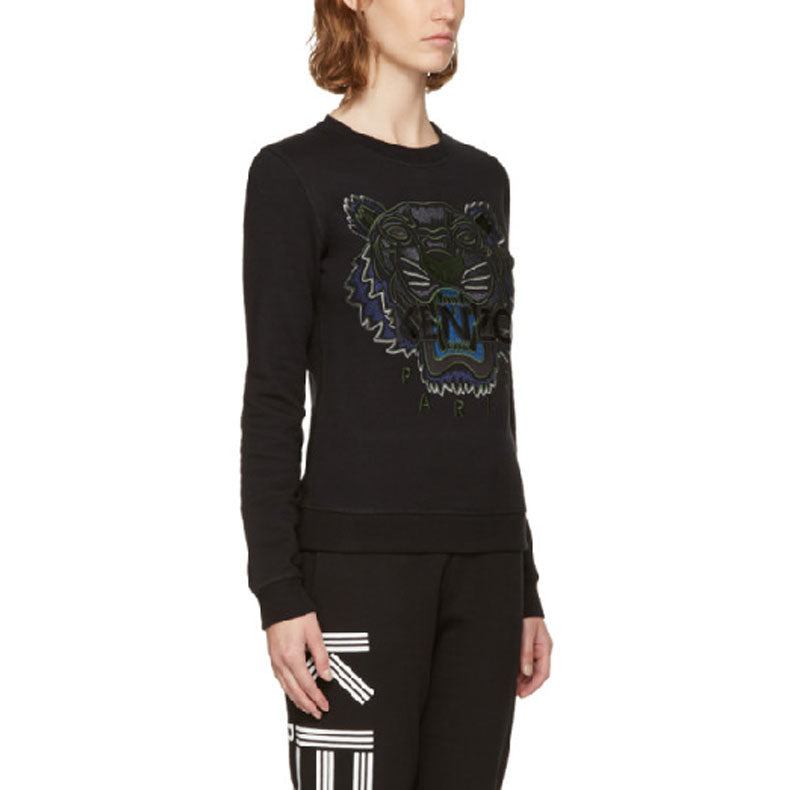 KENZO Cotton Embroidered Tiger Head Round Neck Long Sleeves Black F762SW7144XD-99