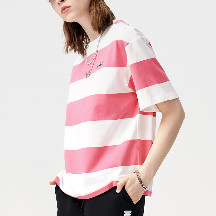 FILA FUSION Contrasting Colors Stripe Round Neck Loose Short Sleeve Pink White Colorblock T11W122113F-WT