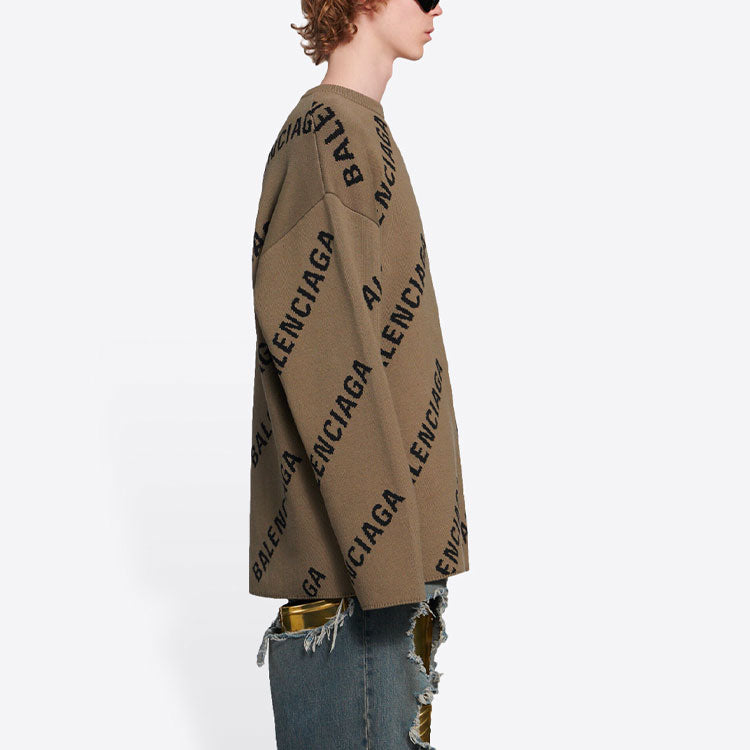 Balenciaga All Over Logo Crewneck Wool Knit Sweater 'Light Brown' 657401T32002900