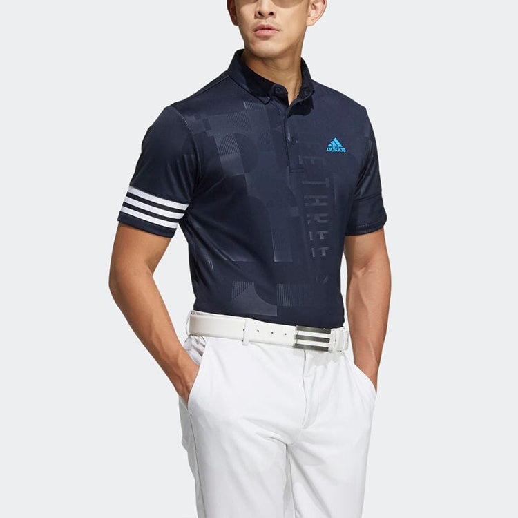 adidas Stripe Printing Logo Short Sleeve Button Polo Shirt Blue HA0227