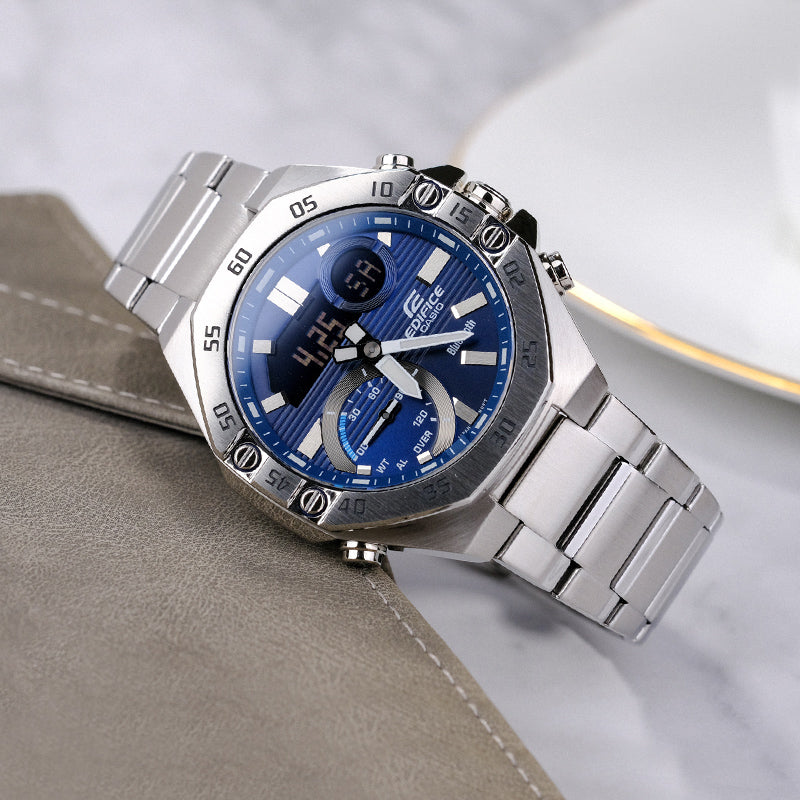 CASIO tooth Waterproof EDIFICE Sports Sapphire Crystal Quartz Solar Powered Mens Blue Analog/Digital Combo ECB-10YD-2APR