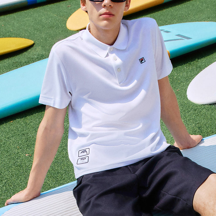 FILA Logo Pattern Causual Sports Ventilate Polo Male White F11M128124F-WT